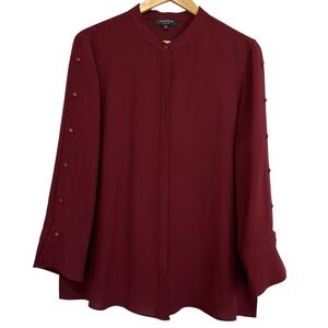 Lafayette 148 Nicolette Silk Blouse Long Sleeve Button Detail Burgundy Size XL